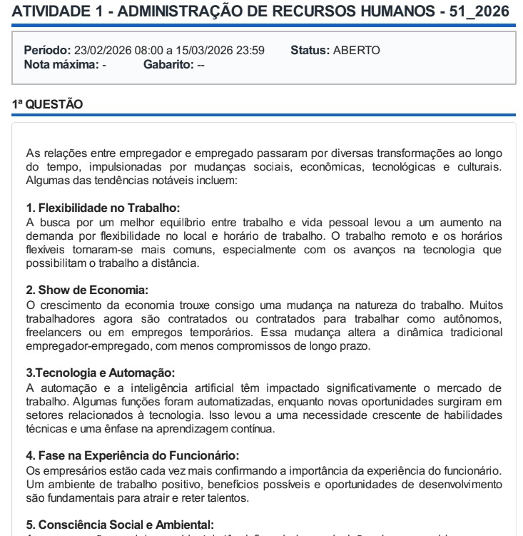 Capa do material: ATIVIDADE 1 - ADMINISTRAÇÃO DE RECURSOS HUMANOS - 51_2026