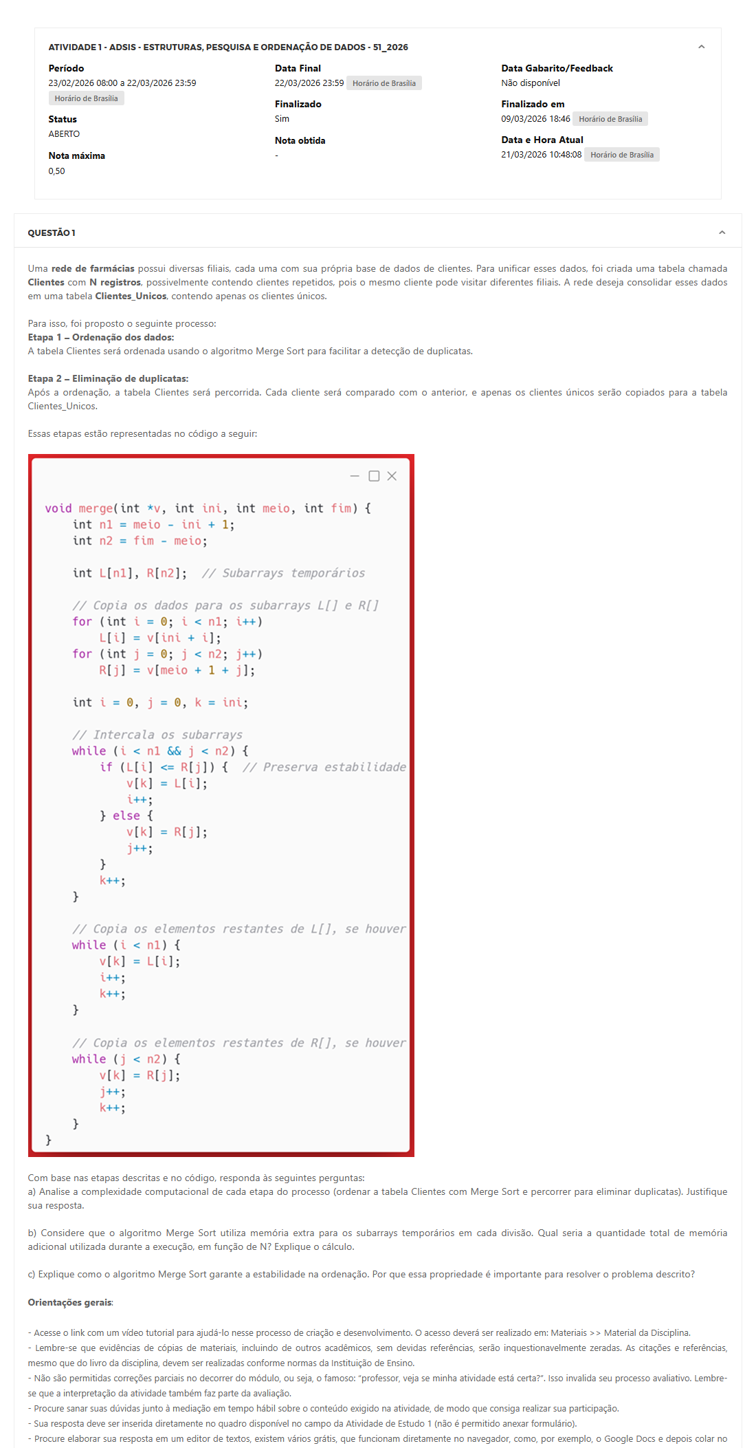 Capa do material: ATIVIDADE 1 - ADSIS - ESTRUTURAS, PESQUISA E ORDENAÇÃO DE DADOS - 51_2026 - ESTRUTURAS, PESQUISA E ORDENAÇÃO DE DADOS