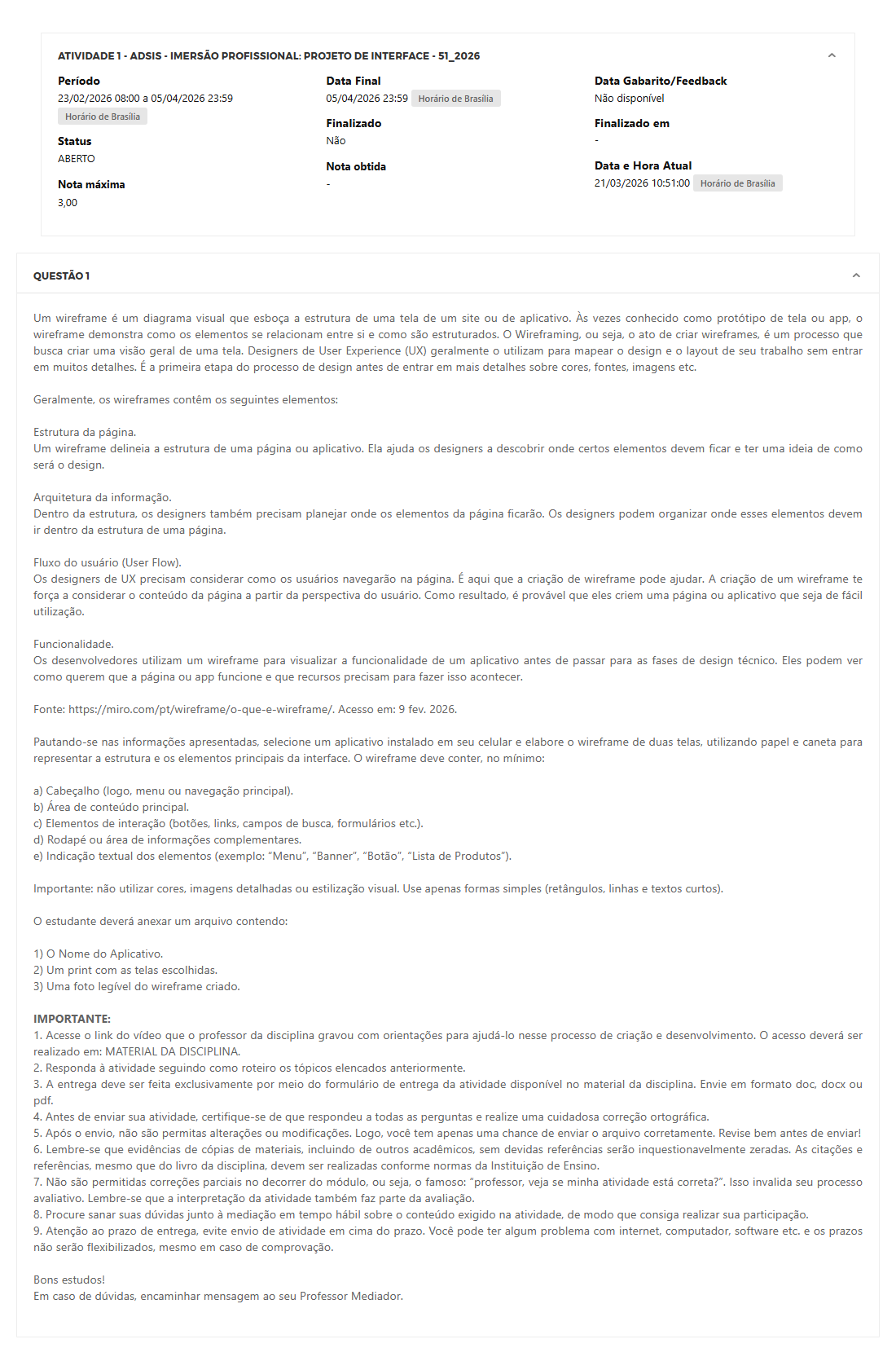 Capa do material: ATIVIDADE 1 - ADSIS - IMERSÃO PROFISSIONAL: PROJETO DE INTERFACE - 51_2026 - IMERSÃO PROFISSIONAL: PROJETO DE INTERFACE