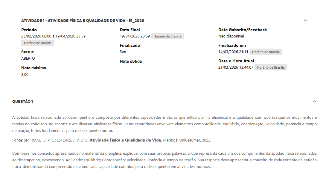 Capa do material: ATIVIDADE 1 - ATIVIDADE FÍSICA E QUALIDADE DE VIDA - 51_2026 - ATIVIDADE FÍSICA E QUALIDADE DE VIDA