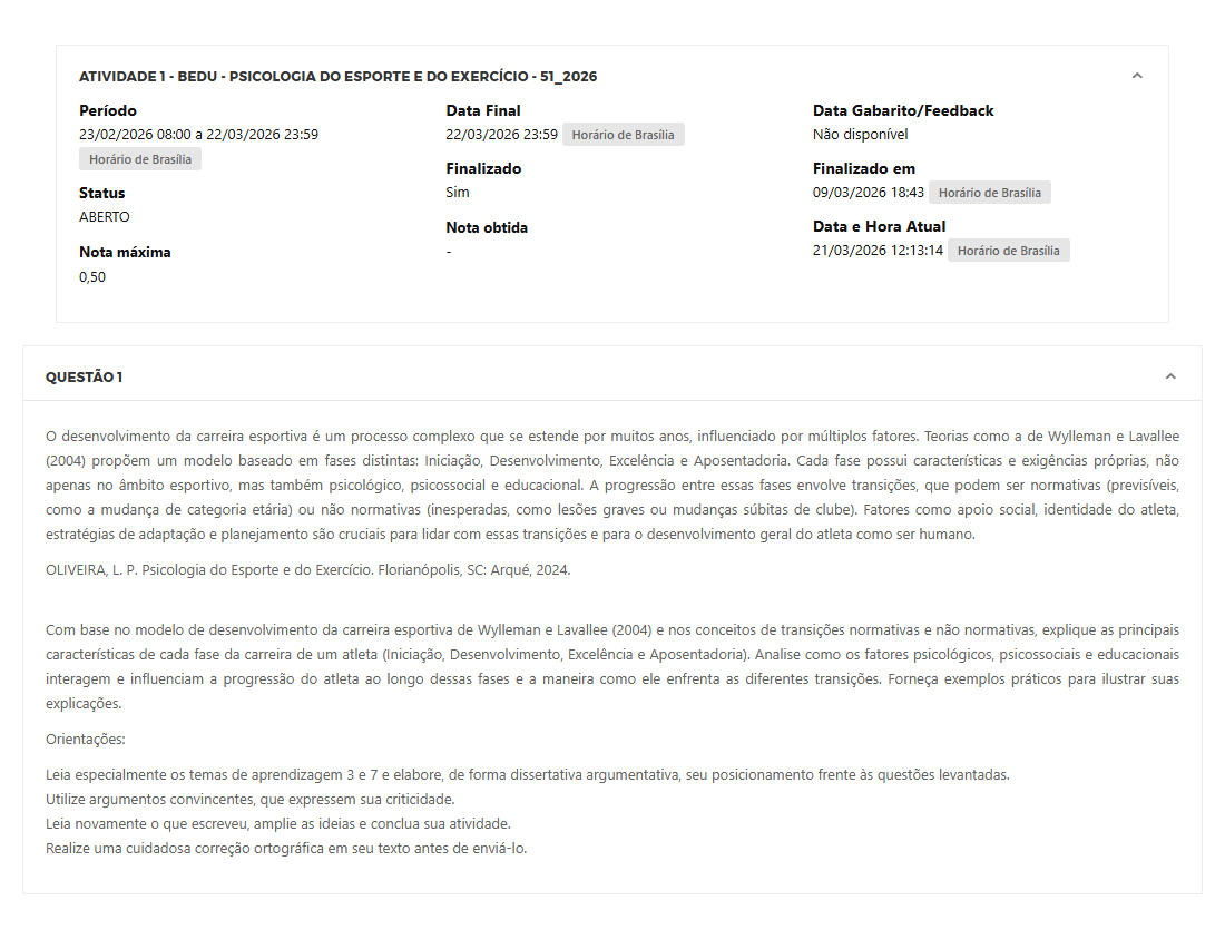 Capa do material: ATIVIDADE 1 - BEDU - PSICOLOGIA DO ESPORTE E DO EXERCÍCIO - 51_2026 - PSICOLOGIA DO ESPORTE E DO EXERCÍCIO