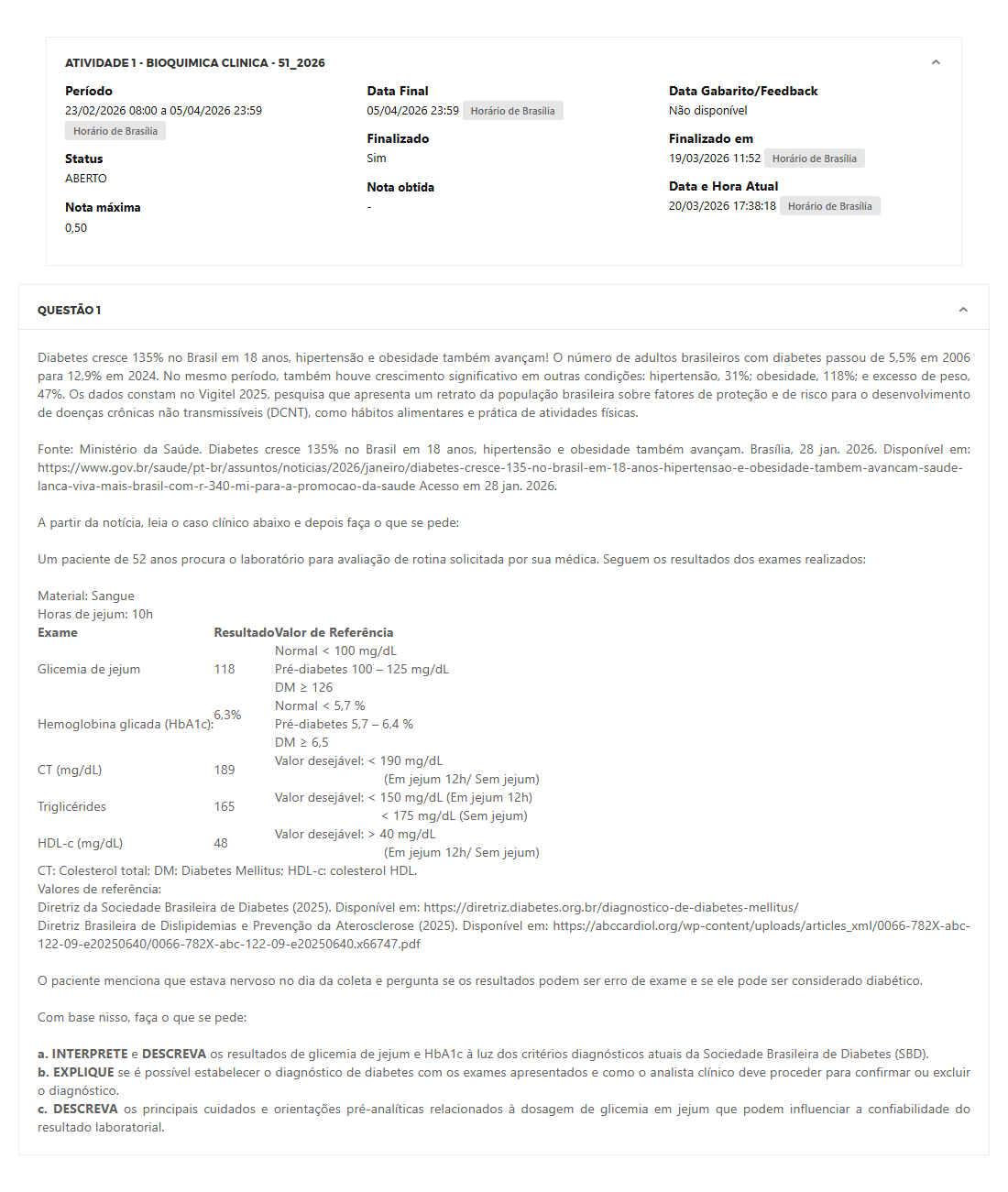 Capa do material: ATIVIDADE 1 - BIOQUIMICA CLINICA - 51_2026 - BIOQUIMICA CLINICA