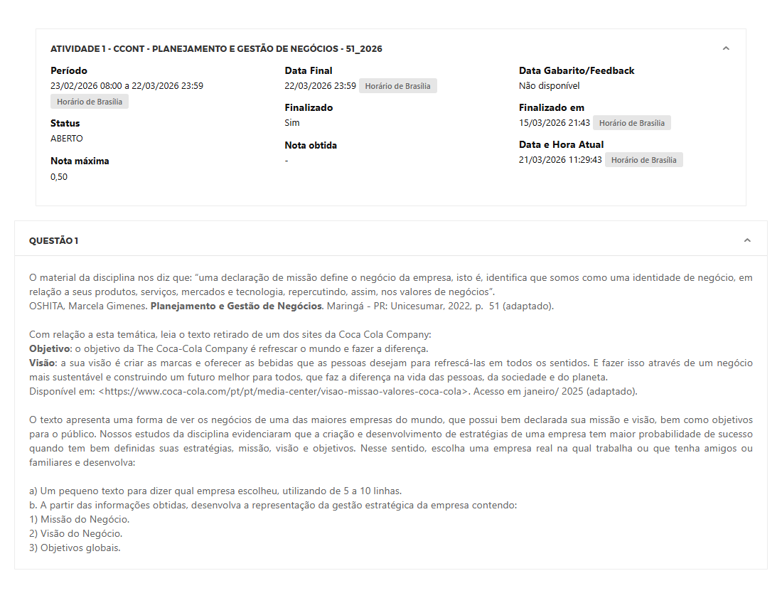 Capa do material: ATIVIDADE 1 - CCONT - PLANEJAMENTO E GESTÃO DE NEGÓCIOS - 51_2026 - PLANEJAMENTO E GESTÃO DE NEGÓCIOS