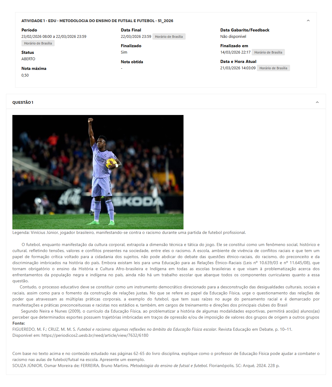 Capa do material: ATIVIDADE 1 - EDU - METODOLOGIA DO ENSINO DE FUTSAL E FUTEBOL - 51_2026 - METODOLOGIA DO ENSINO DE FUTSAL E FUTEBOL