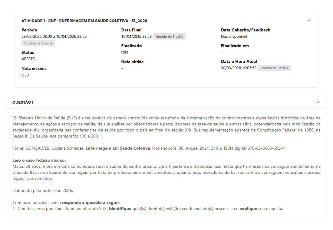 Capa do material: ATIVIDADE 1 - ENF - ENFERMAGEM EM SAÚDE COLETIVA - 51_2026 - ENFERMAGEM EM SAÚDE COLETIVA