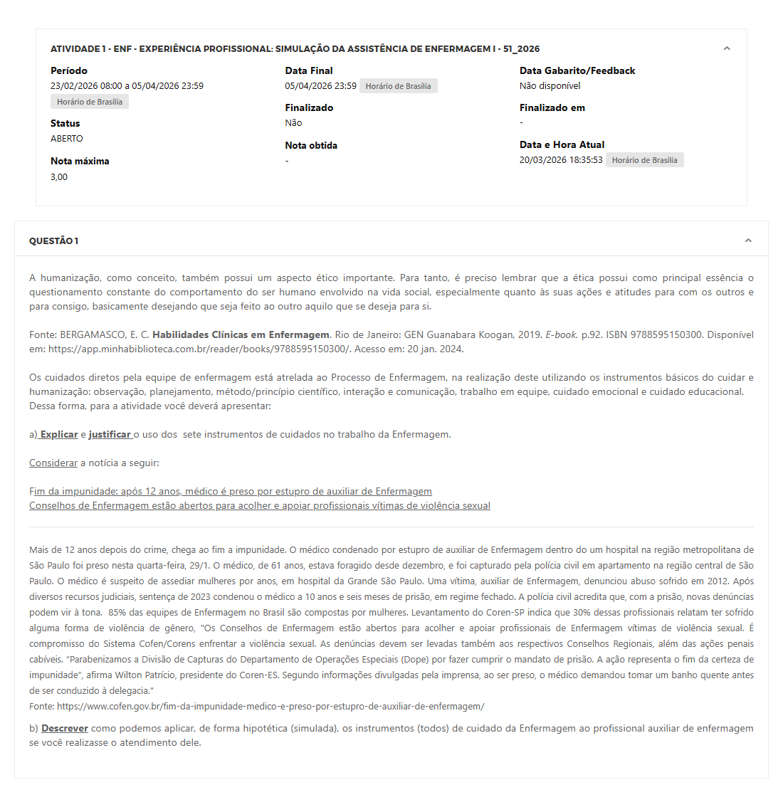 Capa do material: ATIVIDADE 1 - ENF - EXPERIÊNCIA PROFISSIONAL: SIMULAÇÃO DA ASSISTÊNCIA DE ENFERMAGEM I - 51_2026 - EXPERIÊNCIA PROFISSIONAL: SIMULAÇÃO DA ASSISTÊNCIA DE ENFERMAGEM I