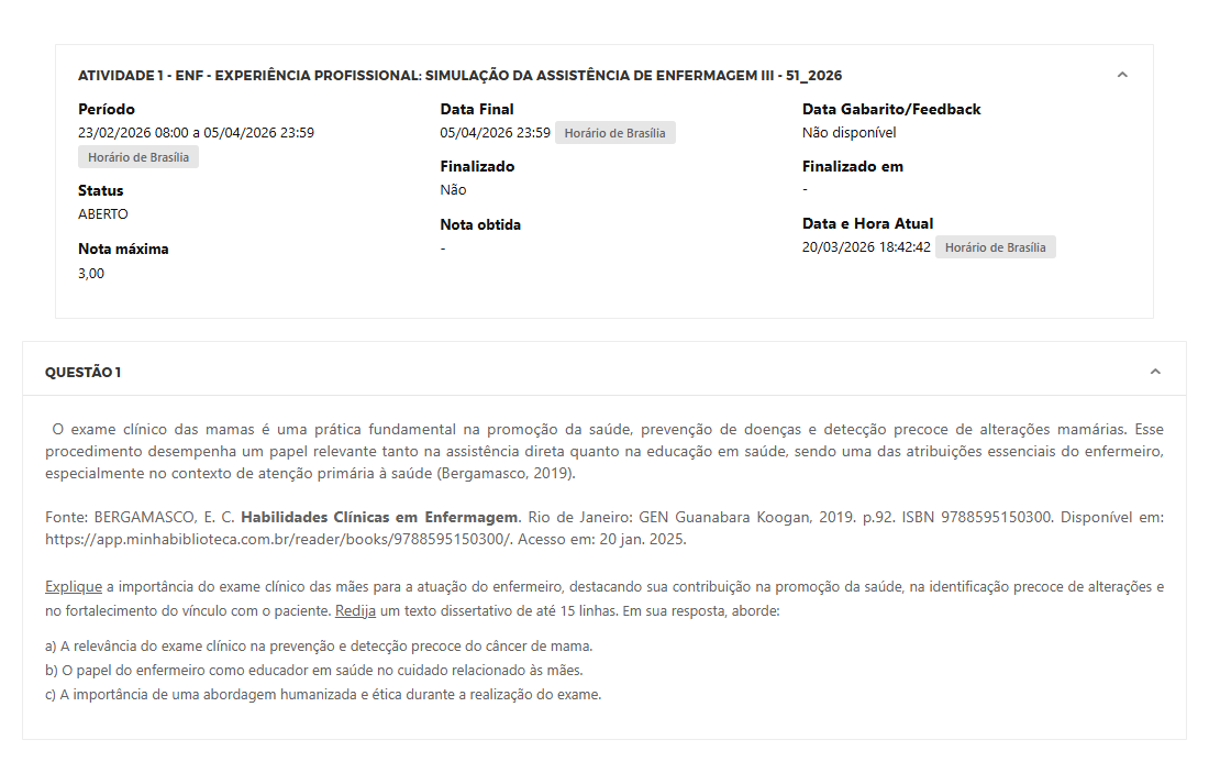 Capa do material: ATIVIDADE 1 - ENF - EXPERIÊNCIA PROFISSIONAL: SIMULAÇÃO DA ASSISTÊNCIA DE ENFERMAGEM III - 51_2026 - EXPERIÊNCIA PROFISSIONAL: SIMULAÇÃO DA ASSSISTÊNCIA DE ENFERMAGEM III