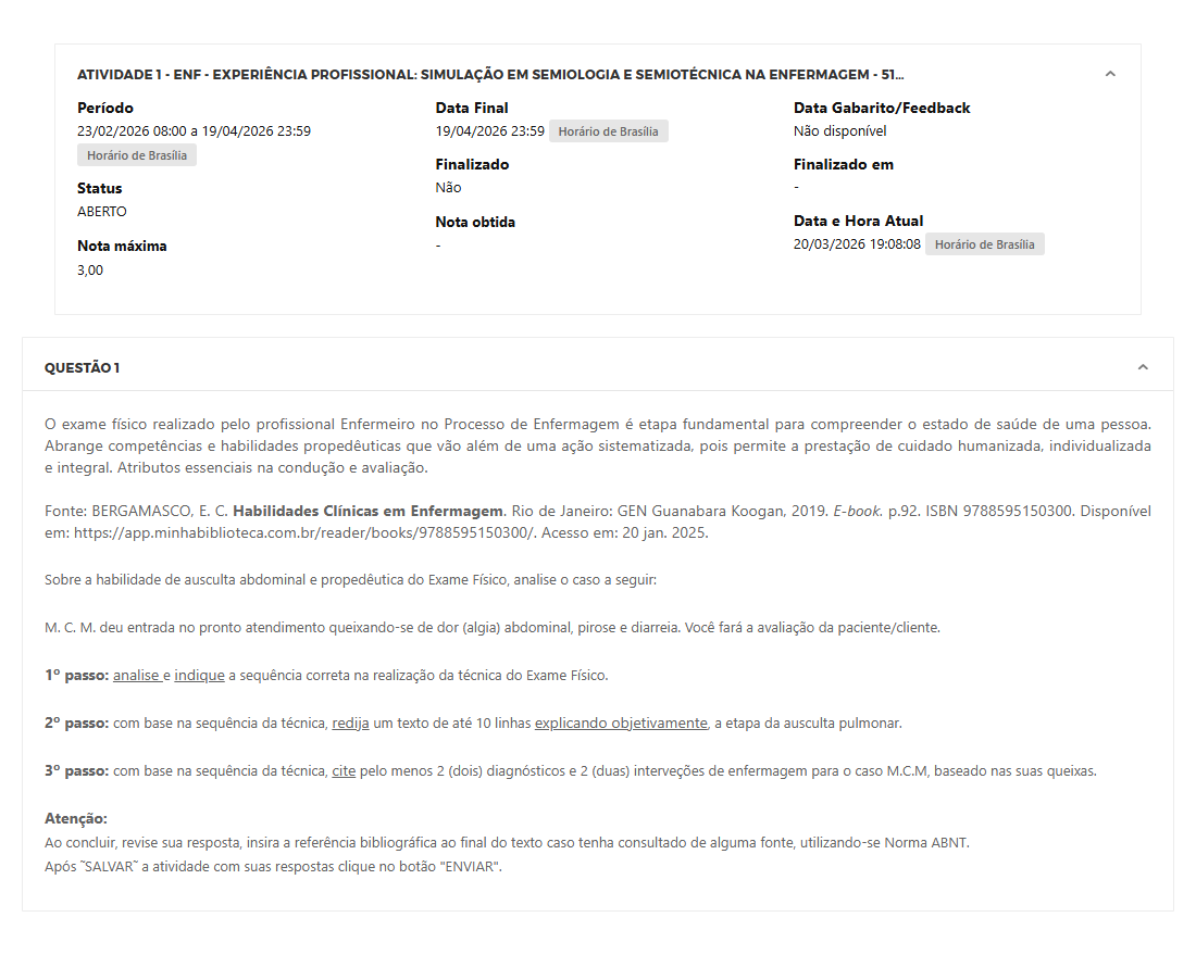 Capa do material: ATIVIDADE 1 - ENF - EXPERIÊNCIA PROFISSIONAL: SIMULAÇÃO EM SEMIOLOGIA E SEMIOTÉCNICA NA ENFERMAGEM - 51_2026 - EXPERIÊNCIA PROFISSIONAL: SIMULAÇÃO EM SEMIOLOGIA E SEMIOTÉCNICA NA ENFERMAGEM