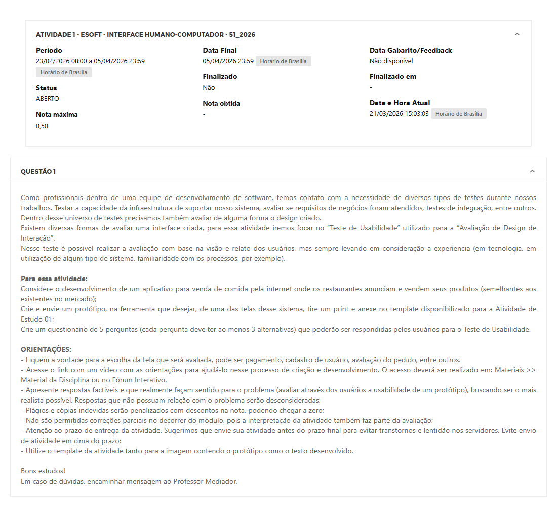 Capa do material: ATIVIDADE 1 - ESOFT - INTERFACE HUMANO-COMPUTADOR - 51_2026 - INTERFACE HUMANO-COMPUTADOR
