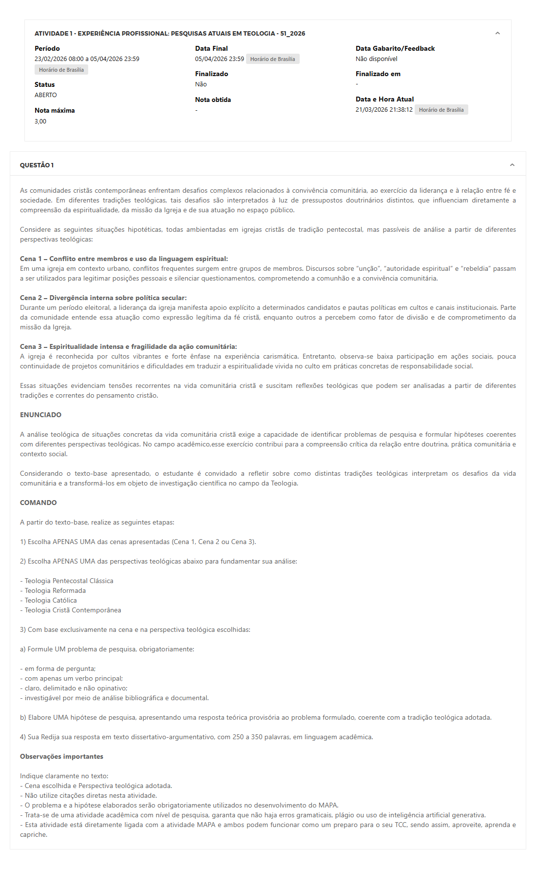 Capa do material: ATIVIDADE 1 - EXPERIÊNCIA PROFISSIONAL: PESQUISAS ATUAIS EM TEOLOGIA - 51_2026 - EXPERIÊNCIA PROFISSIONAL: PESQUISAS ATUAIS EM TEOLOGIA
