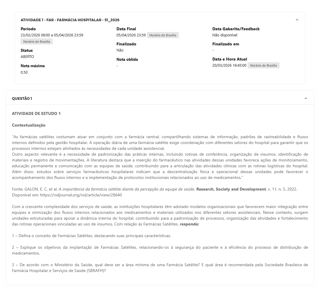 Capa do material: ATIVIDADE 1 - FAR - FARMÁCIA HOSPITALAR - 51_2026 - FARMÁCIA HOSPITALAR