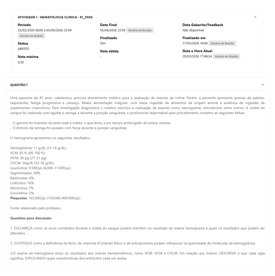 Capa do material: ATIVIDADE 1 - HEMATOLOGIA CLINICA - 51_2026 - HEMATOLOGIA CLINICA