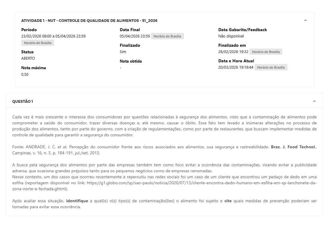 Capa do material: ATIVIDADE 1 - NUT - CONTROLE DE QUALIDADE DE ALIMENTOS - 51_2026 - CONTROLE DE QUALIDADE DE ALIMENTOS