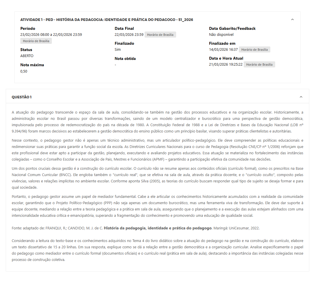 Capa do material: ATIVIDADE 1 - PED - HISTÓRIA DA PEDAGOGIA: IDENTIDADE E PRÁTICA DO PEDAGOGO - 51_2026 - HISTÓRIA DA PEDAGOGIA: IDENTIDADE E PRÁTICA DO PEDAGOGO