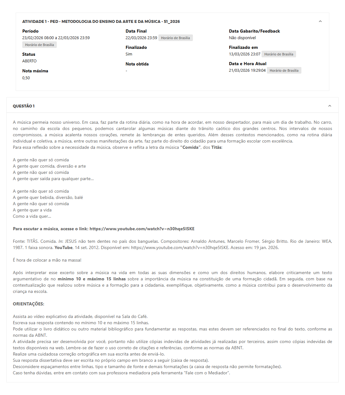 Capa do material: ATIVIDADE 1 - PED - METODOLOGIA DO ENSINO DA ARTE E DA MÚSICA - 51_2026 - METODOLOGIA DO ENSINO DA ARTE E DA MÚSICA
