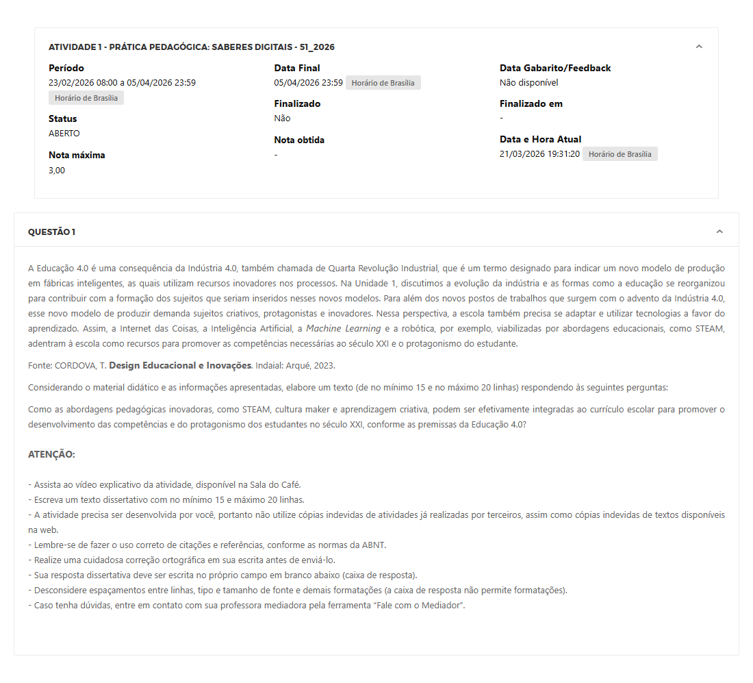 Capa do material: ATIVIDADE 1 - PRÁTICA PEDAGÓGICA: SABERES DIGITAIS - 51_2026 - PRÁTICA PEDAGÓGICA: SABERES DIGITAIS