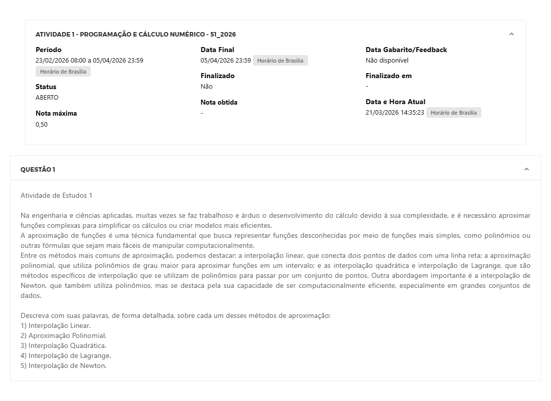 Capa do material: ATIVIDADE 1 - PROGRAMAÇÃO E CÁLCULO NUMÉRICO - 51_2026 - PROGRAMAÇÃO E CÁLCULO NUMÉRICO