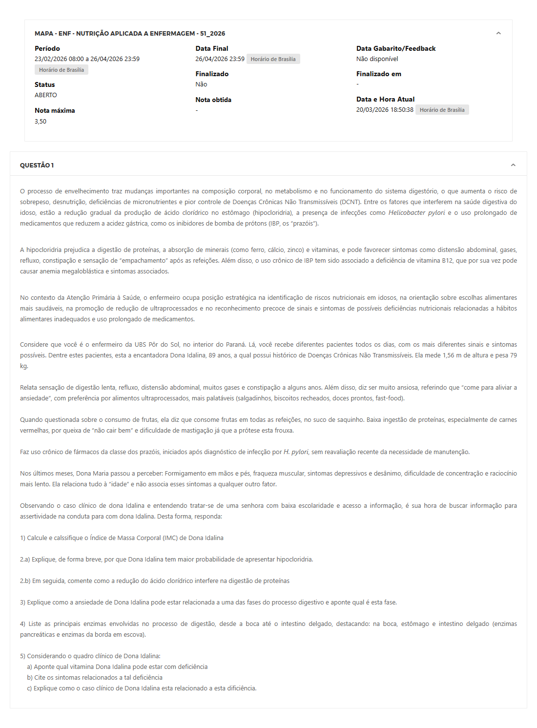 Capa do material: MAPA - ENF - NUTRIÇÃO APLICADA A ENFERMAGEM - 51_2026 - NUTRIÇÃO APLICADA A ENFERMAGEM