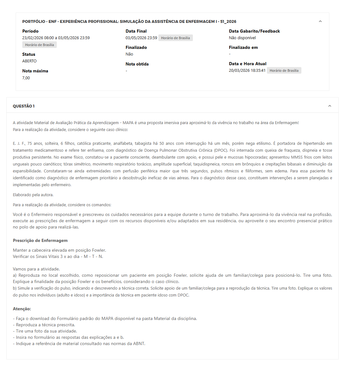 Capa do material: PORTFÓLIO - ENF - EXPERIÊNCIA PROFISSIONAL: SIMULAÇÃO DA ASSISTÊNCIA DE ENFERMAGEM I - 51_2026 - EXPERIÊNCIA PROFISSIONAL: SIMULAÇÃO DA ASSISTÊNCIA DE ENFERMAGEM I