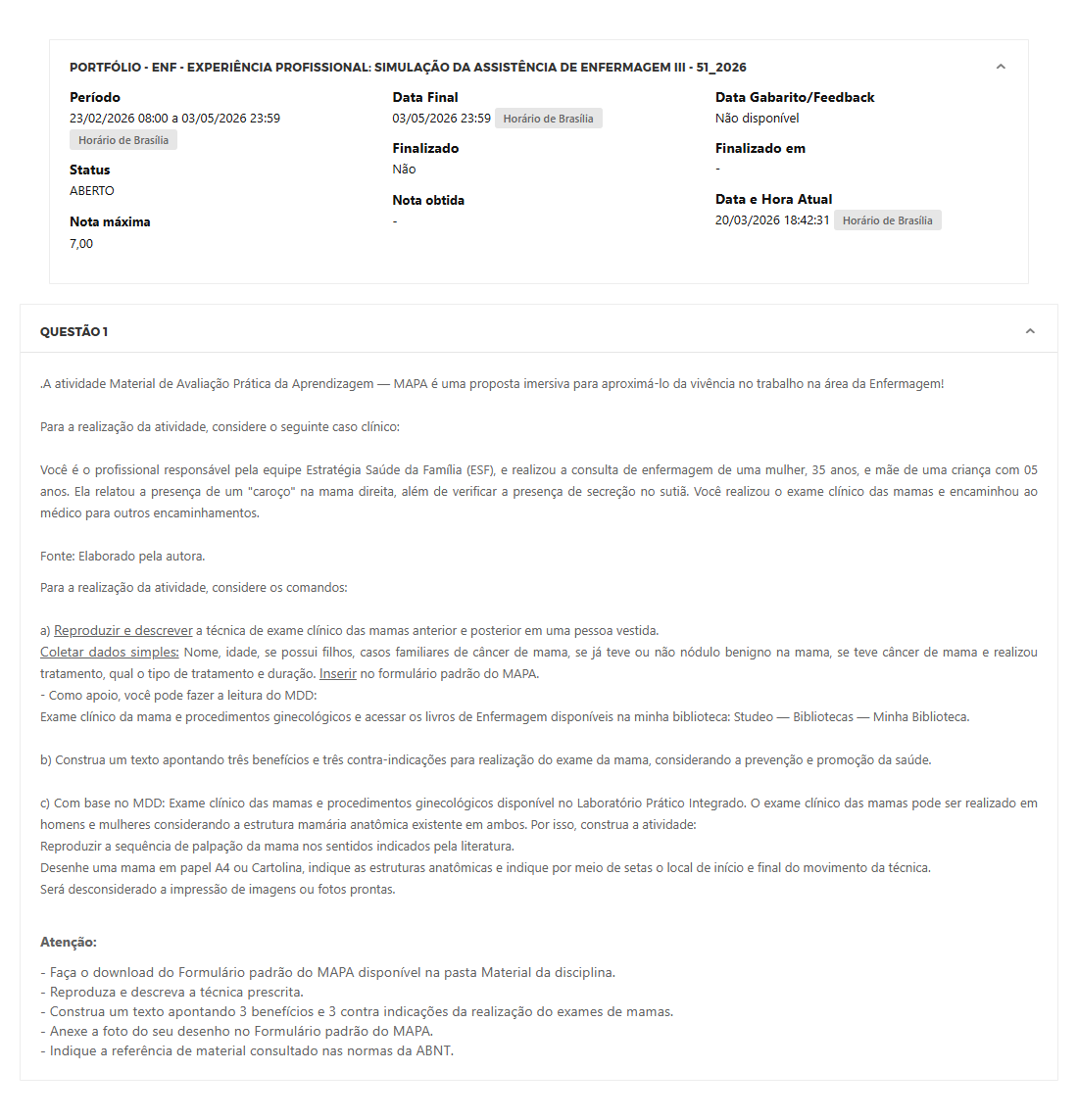 Capa do material: PORTFÓLIO - ENF - EXPERIÊNCIA PROFISSIONAL: SIMULAÇÃO DA ASSISTÊNCIA DE ENFERMAGEM III - 51_2026 - EXPERIÊNCIA PROFISSIONAL: SIMULAÇÃO DA ASSSISTÊNCIA DE ENFERMAGEM III